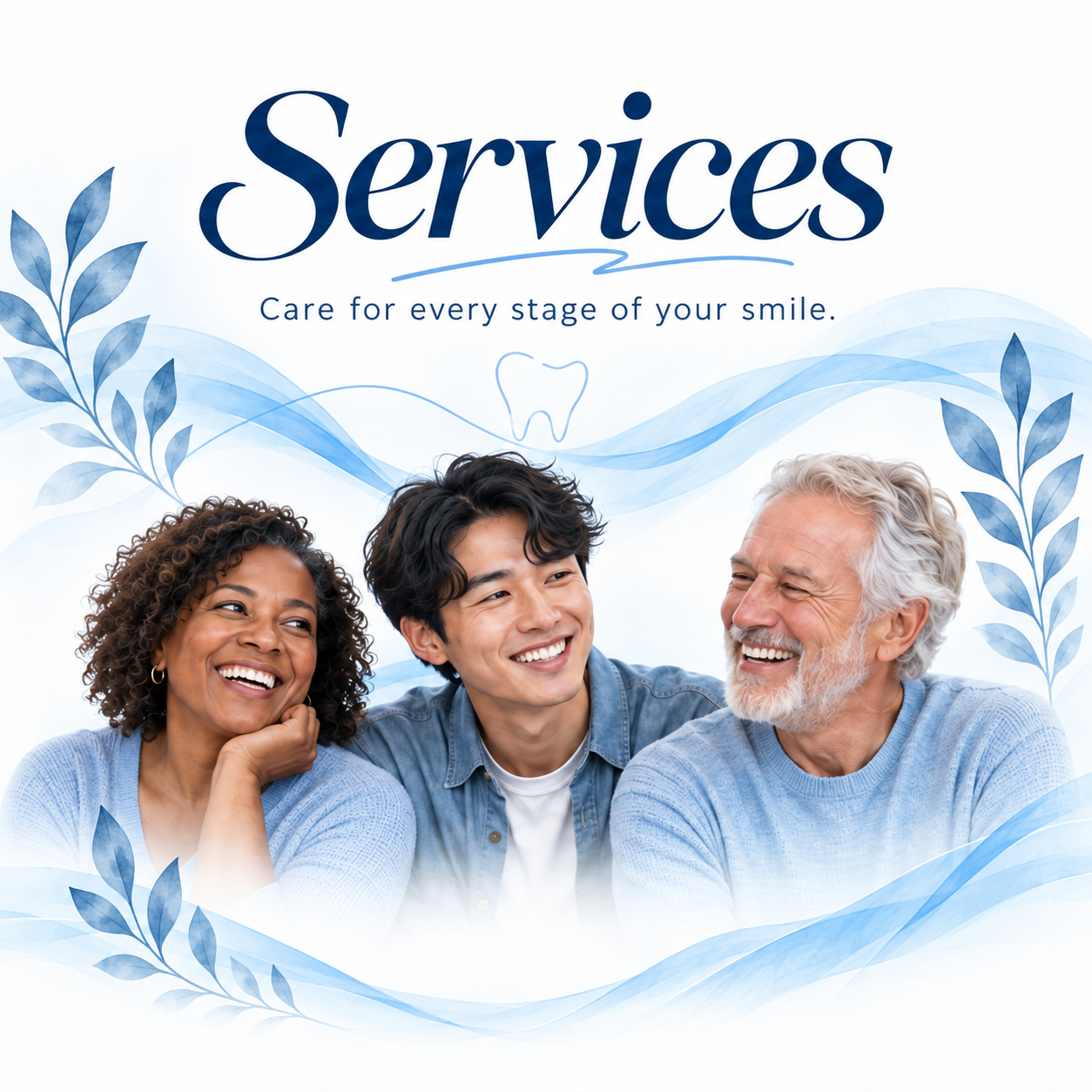 Square comprehensive dental services banner for Peosta Dental featuring general dentistry, cosmetic dentistry, restorative dentistry, and facial aesthetics.