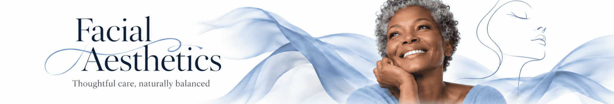 Facial Aesthetics banner with a woman and flowing blue artwork
